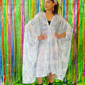 Liquid holographic White and fireworks metallic print Studio 54 Midi Kaftan Dress