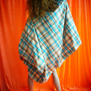 "Corey" Blue, Beige and orange Tartan cotton Mini Kaftan Dress