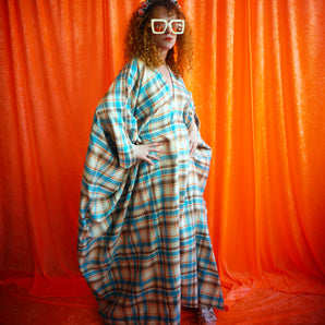 "Corey"  Blue Beige and Orange Tartan Print Maxi Kaftan Dress