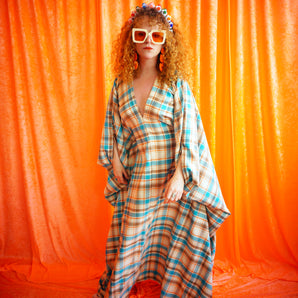 "Corey"  Blue Beige and Orange Tartan Print Maxi Kaftan Dress