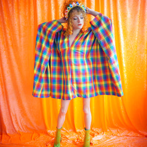 "Clarissa" Rainbow Brights Tartan cotton Mini Kaftan Dress