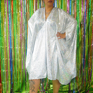 Liquid holographic White and silver print Studio 54 Midi Kaftan Dress