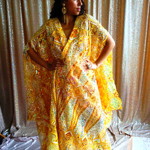 •F• Label Sunshine Iridescent Yellow Heavily sequinned and Embroidered Kimono Robe