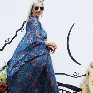 Blue and Gold Floral Georgette kaftan - Semi Sheer - V Neck Kaftan Gown