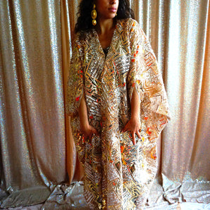 •F• Label Gold iridescent Heavily sequinned and Embroidered Kimono Robe