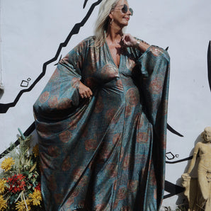 Slinky Blue and Gold metallic circles V Neck Kaftan Gown,