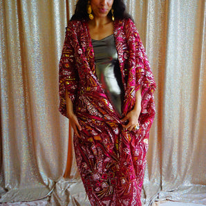 •F• Label Deep Red iridescent Heavily sequinned and Embroidered Kimono Robe