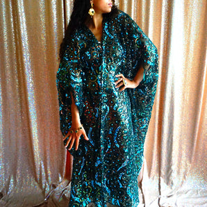 •F• Label Green iridescent Heavily sequinned and Embroidered Kimono Robe