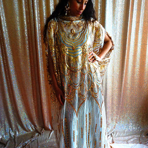 •F• Label Gold Sequin Sheer Mesh Sun Goddess Slash Neck Kaftan