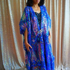 •F• Label Midnight Blue Iridescent Heavily sequinned and Embroidered Kimono Robe