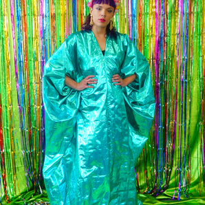 Metallic Foil Flash Gordon Chrome Kaftan - Aqua blue/Green