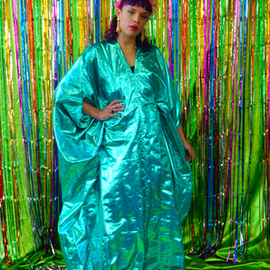 Metallic Foil Flash Gordon Chrome Kaftan - Aqua blue/Green