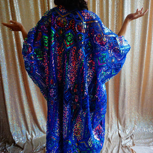 •F• Label Midnight Blue Iridescent Heavily sequinned and Embroidered Kimono Robe