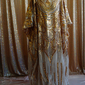 •F• Label Gold Sequin Sheer Mesh Sun Goddess Slash Neck Kaftan