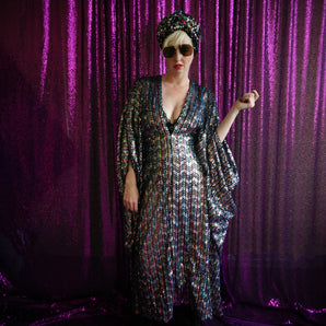 Holographic Rainbow Zig Zag Sequin Kaftan Gown, Freesize