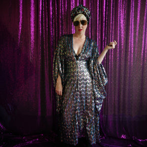 Zig Zag Holographic Pastel Rainbow Drops Sequin Kaftan Gown