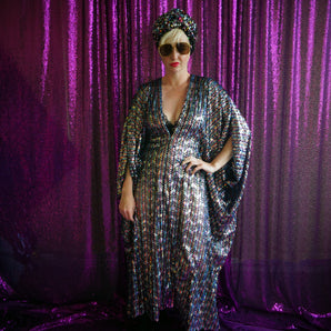Holographic Rainbow Zig Zag Sequin Kaftan Gown, Freesize