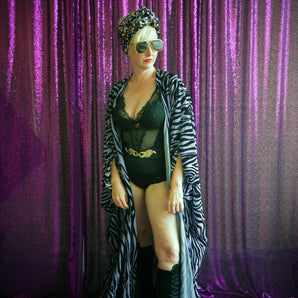 Zebra Print Flocked Purple Shimmer Lurex Kimono Robe