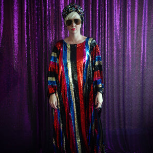 Rainbow Stripes Studio 54 Sequin Diva Kaftan Gown / Dress