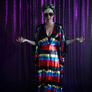 Rainbow Stripes Studio 54 Sequin Diva Kaftan Gown / Dress