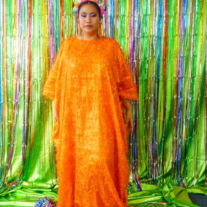 Sparkles Tinsel Hair Maxi Kaftan Party Dress Orange