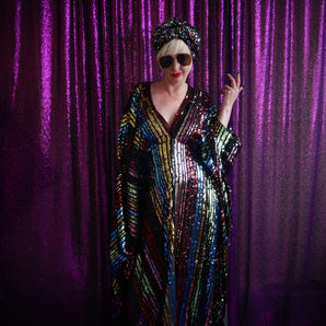 Fizzy Rainbow Striped Sequin Kaftan Gown, Freesize