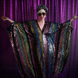 Fizzy Rainbow Striped Sequin Kaftan Gown, Freesize