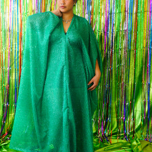 Sparkles Tinsel Hair Maxi Kaftan Party Green V-neck