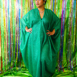 Sparkles Tinsel Hair Maxi Kaftan Party Green V-neck