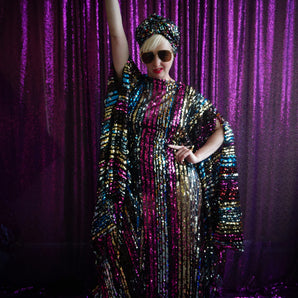Super Sleeve Multi coloured Rainbow Striped Metallic technicolour dreamcoat Kaftan Gown