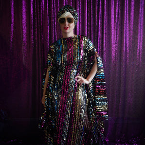Super Sleeve Multi coloured Rainbow Striped Metallic technicolour dreamcoat Kaftan Gown