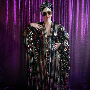 Gypsy Folk Striped Metallic Kaftan Gown