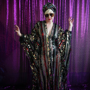 Gypsy Folk Striped Metallic Kaftan Gown