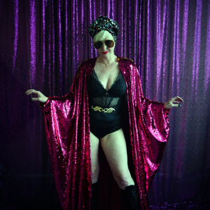 Cerise and Gold Flip sequin heavyweight Kimono Robe / Kaftan Gown