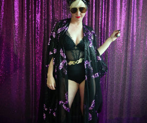 Black and Purple patterned sequin semi Sheer Kaftan Gown