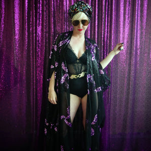 Black and Purple patterned sequin semi Sheer Kaftan Gown