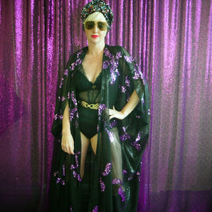 Black and Purple patterned sequin semi Sheer Kaftan Gown