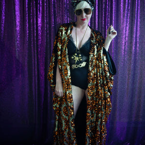 Velvet based Orange and gold Sequin Sun Kaftan gown / Kimono Robe