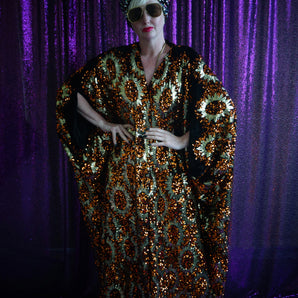 Velvet based Orange and gold Sequin Sun Kaftan gown / Kimono Robe