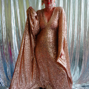 Pale gold slinky stretch sequin V-neck Kaftan Gown