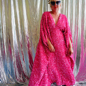 Rose pink Velvet with sparkly sequins V-neck Kaftan Maxi