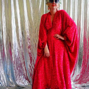 Hot Pink Velvet with sparkly sequins V-neck Kaftan Maxi