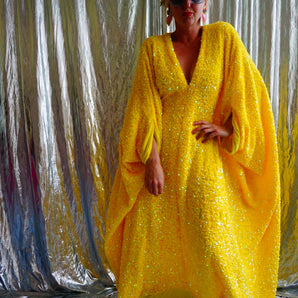 Lemon Sherbert Velvet with sparkly sequins V-neck Kaftan Maxi