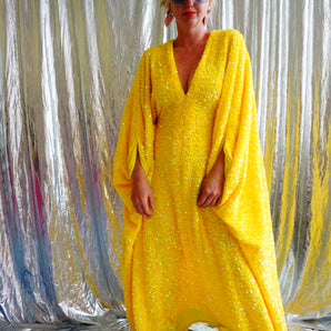 Lemon Sherbert Velvet with sparkly sequins V-neck Kaftan Maxi
