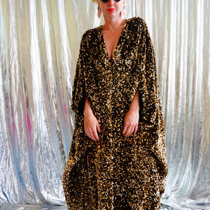 Black Velvet with gold sequin V-neck Kaftan Maxi