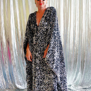 Black Velvet with silver sequin V-neck Kaftan Maxi