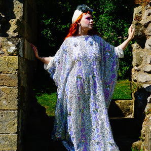 White Velvet, silver and iridescent slash-neck Kaftan gown