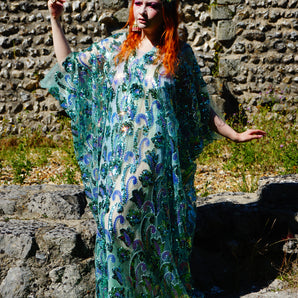 Enchantress of the Sea mermaid greens sequin Kaftan Gown