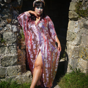 Rose sequin and floral iridescent sequin Thigh high split V-neck Kaftan gown