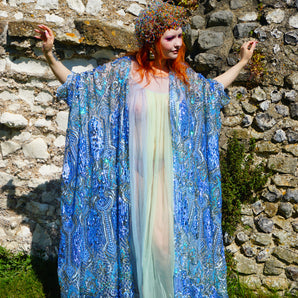 Athena in Topaz dripping jewels slash neck sequin kaftan Maxi gown / Kimono Robe